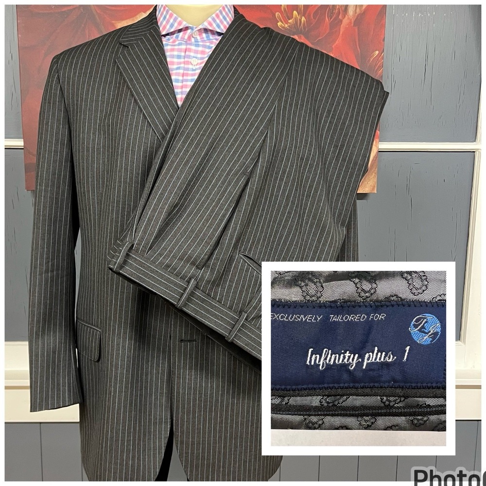 Tom‎ James Custom Suit Mens 46-48Long Wool Cuffed Pleated Pants 38x31 Gray/Blue